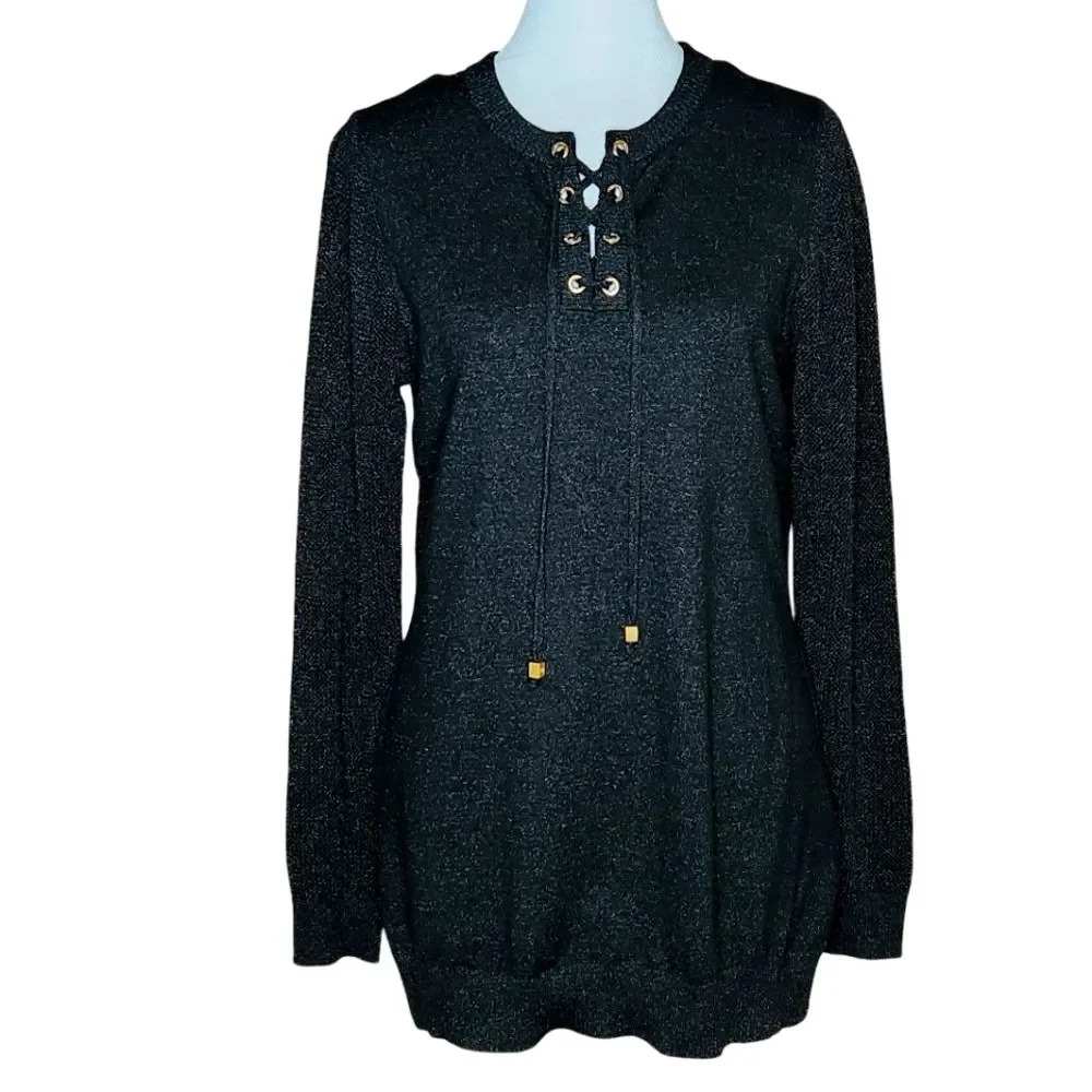 Michael Michael Kors Black Gold Metallic Lace-Up Tunic Sweater Small Maximalist